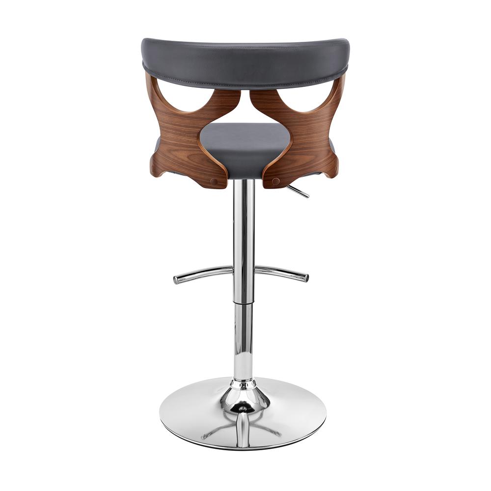 Ruth Adjustable Swivel Grey Faux Leather and Walnut Wood Bar Stool with Chrome Base. Picture 5