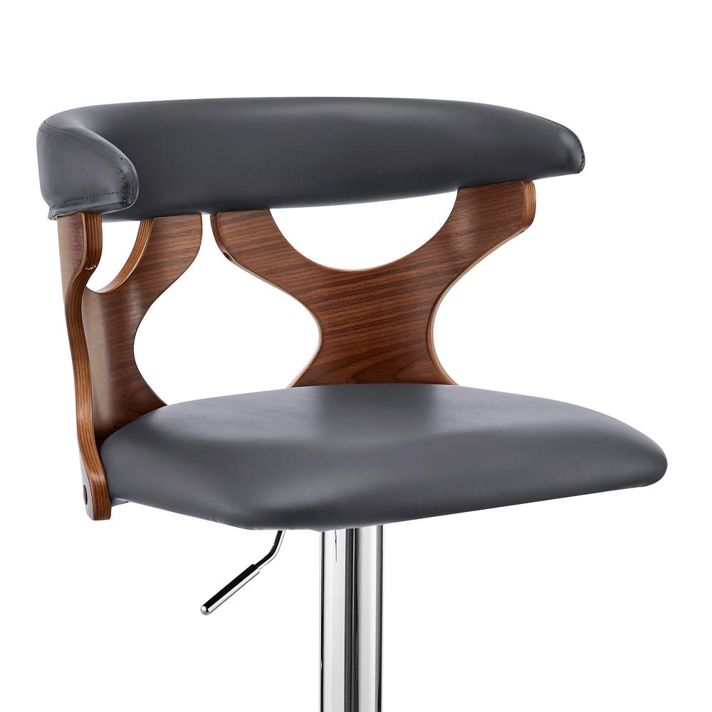Ruth Adjustable Swivel Grey Faux Leather and Walnut Wood Bar Stool with Chrome Base. Picture 6