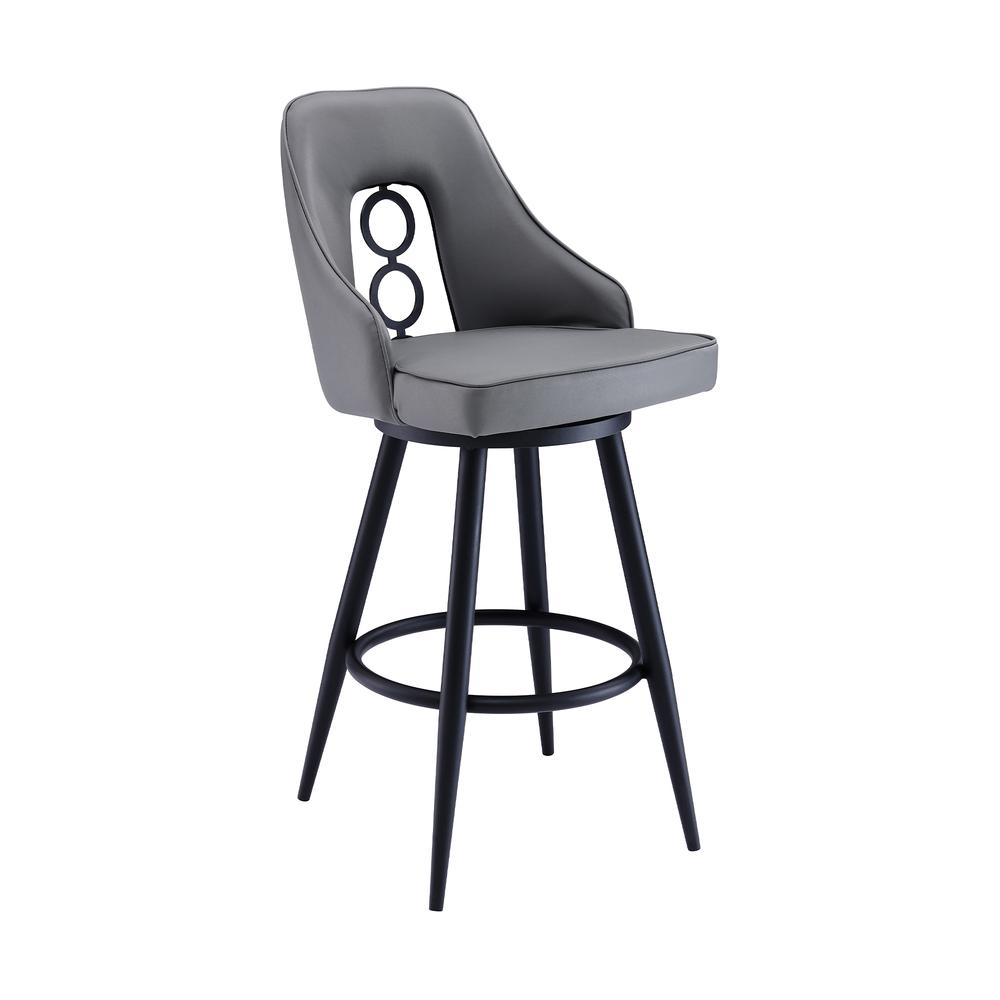 Contemporary 26" Counter Height Barstool in Black Powder Coated Finish, Grey Faux Leather. Picture 1