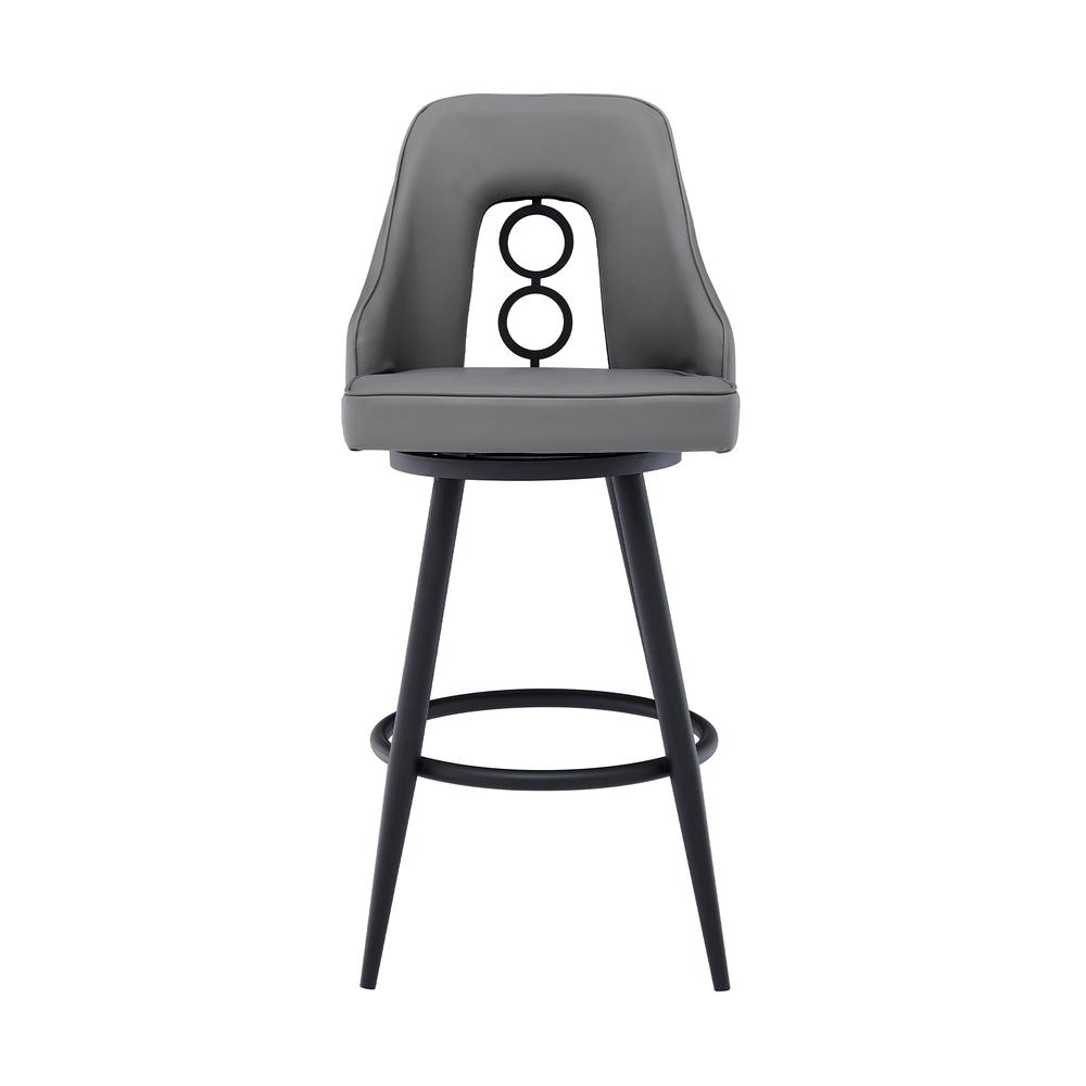 Contemporary 26" Counter Height Barstool in Black Powder Coated Finish, Grey Faux Leather. Picture 2