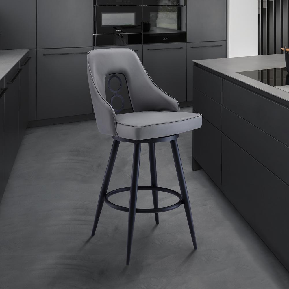Contemporary 26" Counter Height Barstool in Black Powder Coated Finish, Grey Faux Leather. Picture 8
