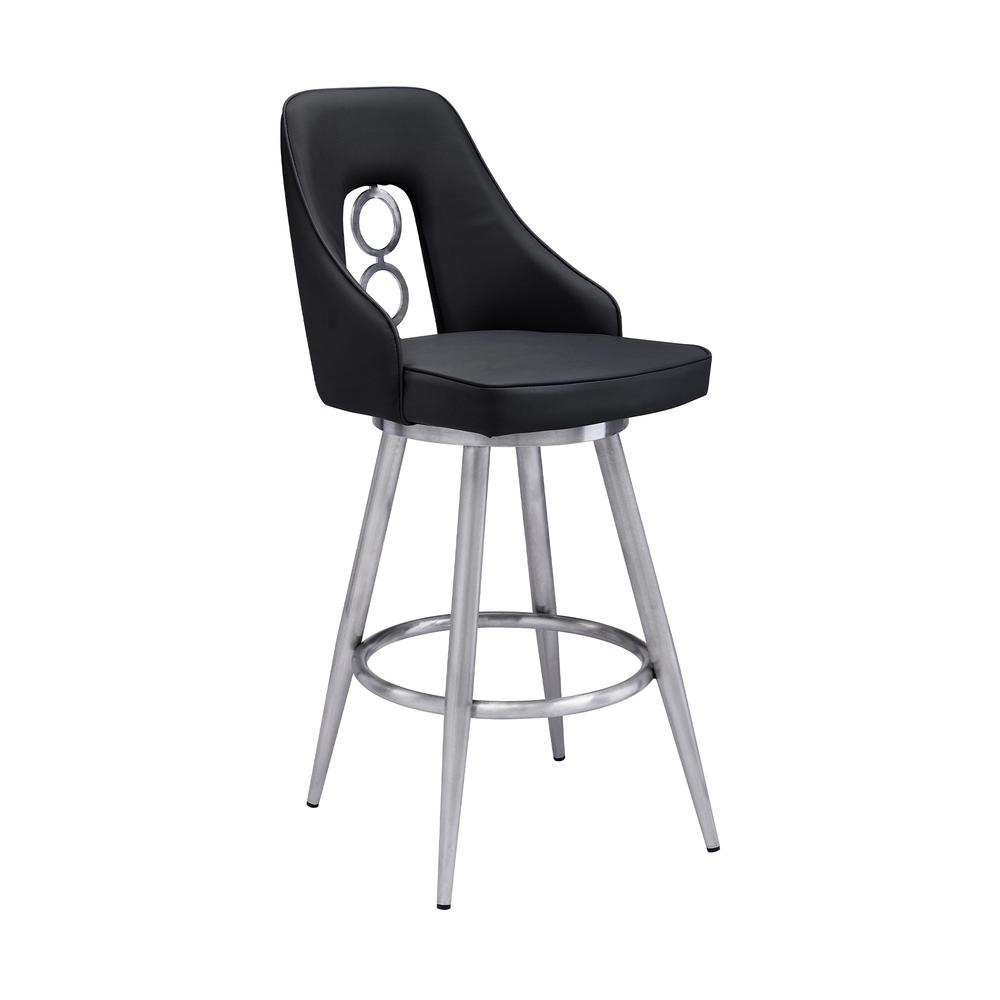Contemporary 26" Counter Height Barstool in Brushed Stainless Steel Finish, Black Faux Leather. The main picture.