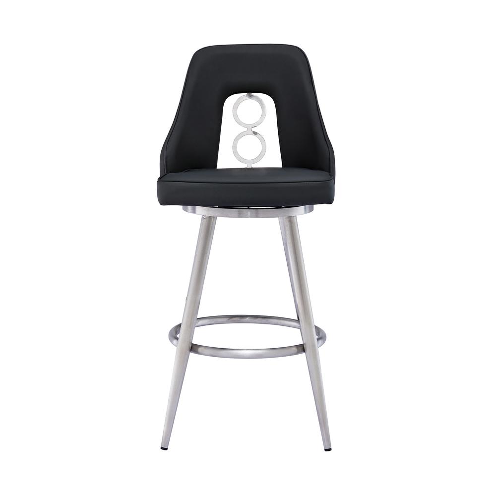 Contemporary 26" Counter Height Barstool in Brushed Stainless Steel Finish, Black Faux Leather. Picture 2