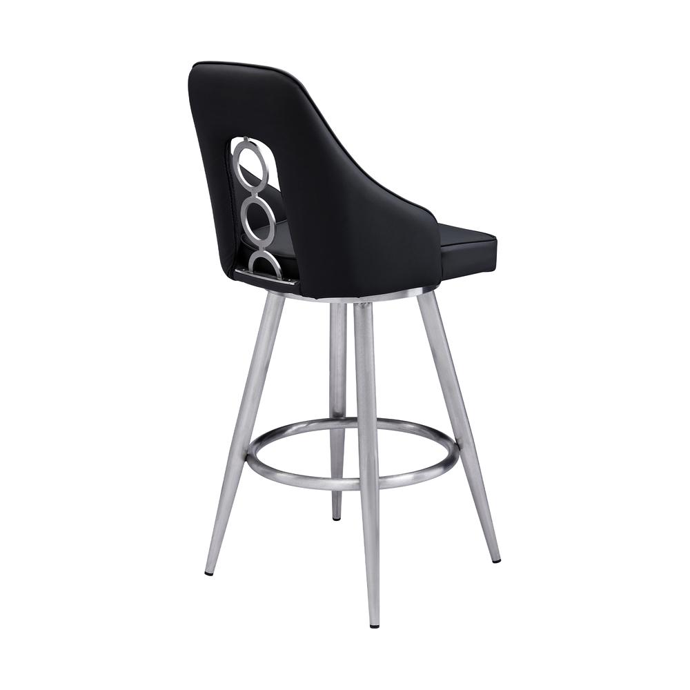 Contemporary 26" Counter Height Barstool in Brushed Stainless Steel Finish, Black Faux Leather. Picture 3