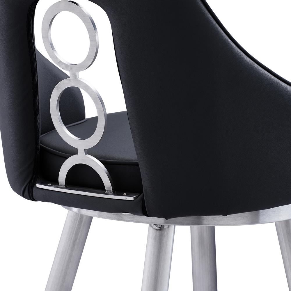 Contemporary 26" Counter Height Barstool in Brushed Stainless Steel Finish, Black Faux Leather. Picture 6