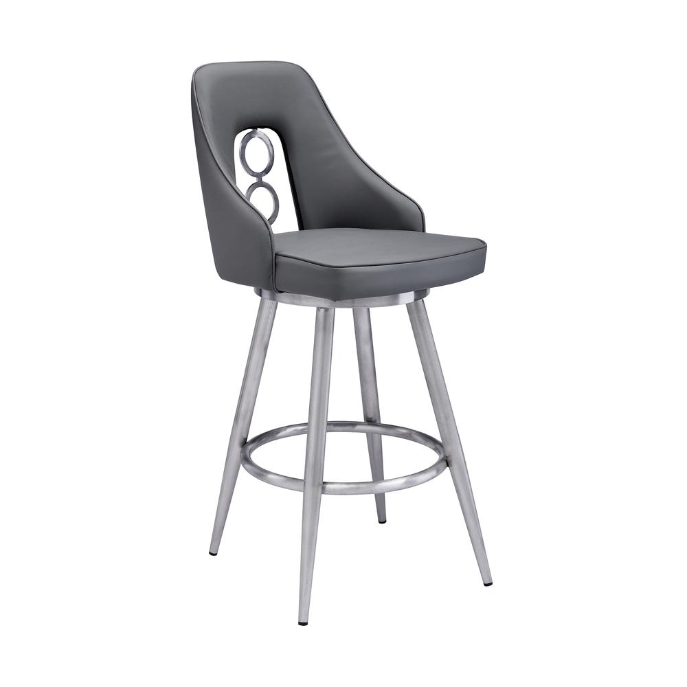 Contemporary 26" Counter Height Barstool - Brushed Stainless Steel Finish and Grey Faux Leather. Picture 1