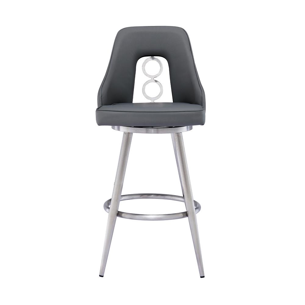 Ruby Contemporary 26" Counter Height Barstool in Brushed Stainless Steel Finish and Grey Faux Leather. Picture 2