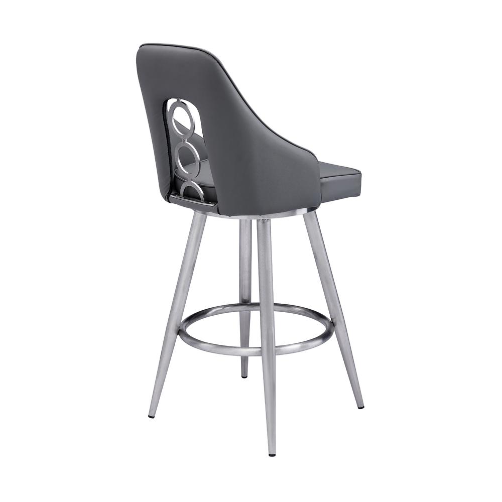 Ruby Contemporary 26" Counter Height Barstool in Brushed Stainless Steel Finish and Grey Faux Leather. Picture 3