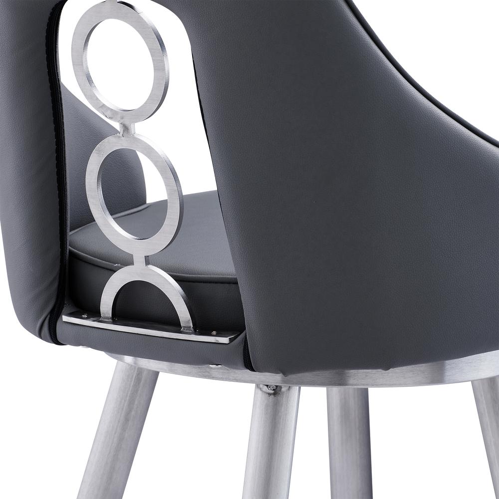 Contemporary 26" Counter Height Barstool - Brushed Stainless Steel Finish and Grey Faux Leather. Picture 6