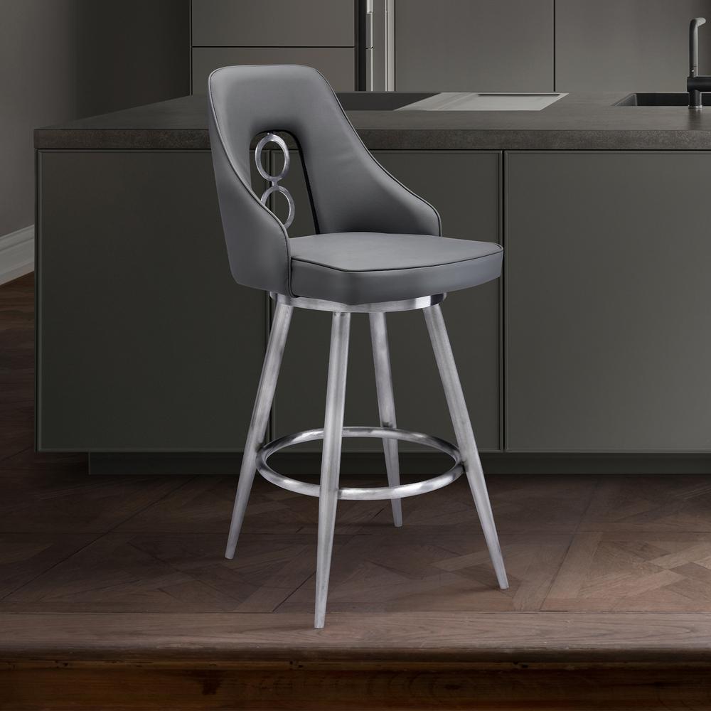 Contemporary 26" Counter Height Barstool - Brushed Stainless Steel Finish and Grey Faux Leather. Picture 8