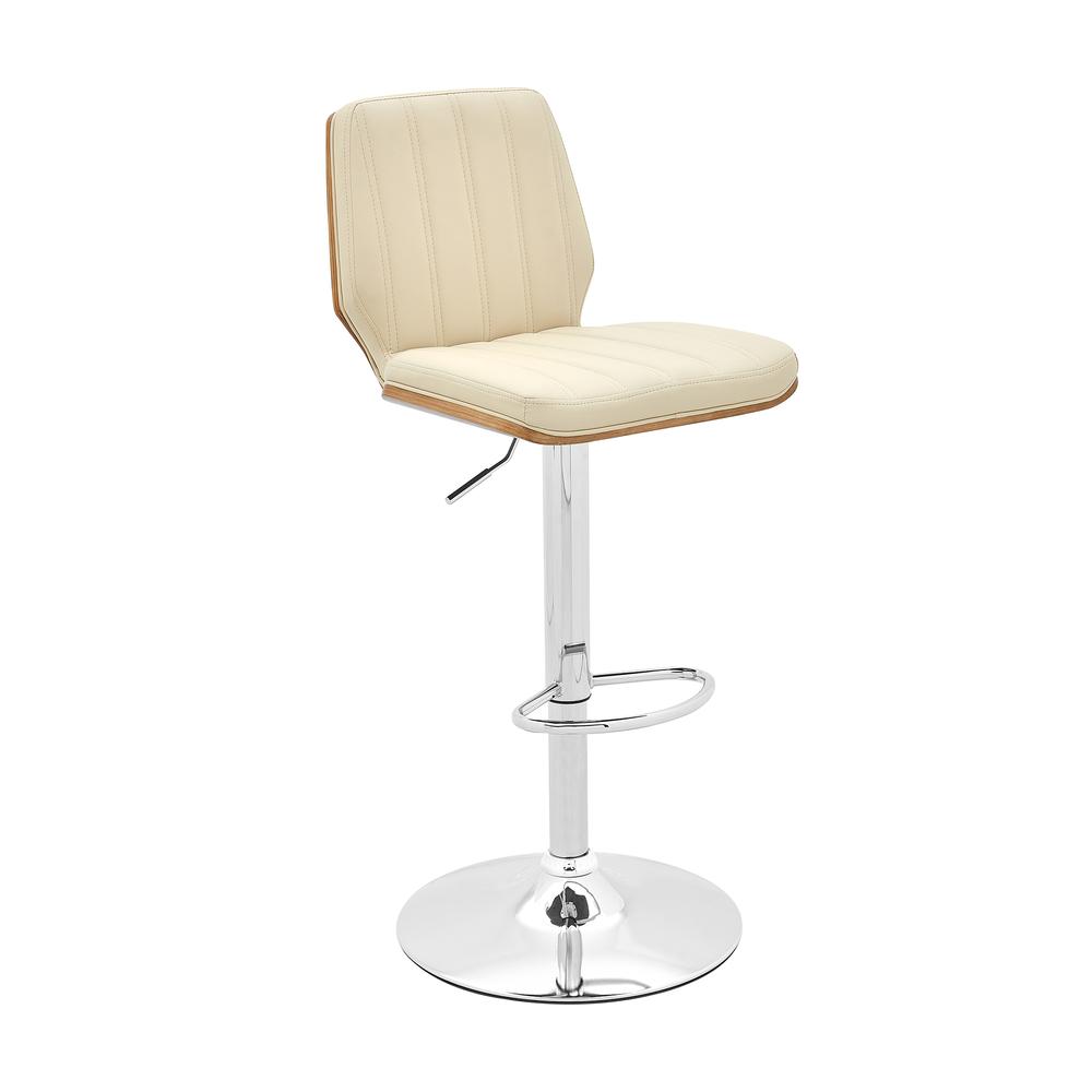 Sabine Adjustable Swivel Cream Faux Leather with Walnut Back and Chrome Bar Stool. Picture 1