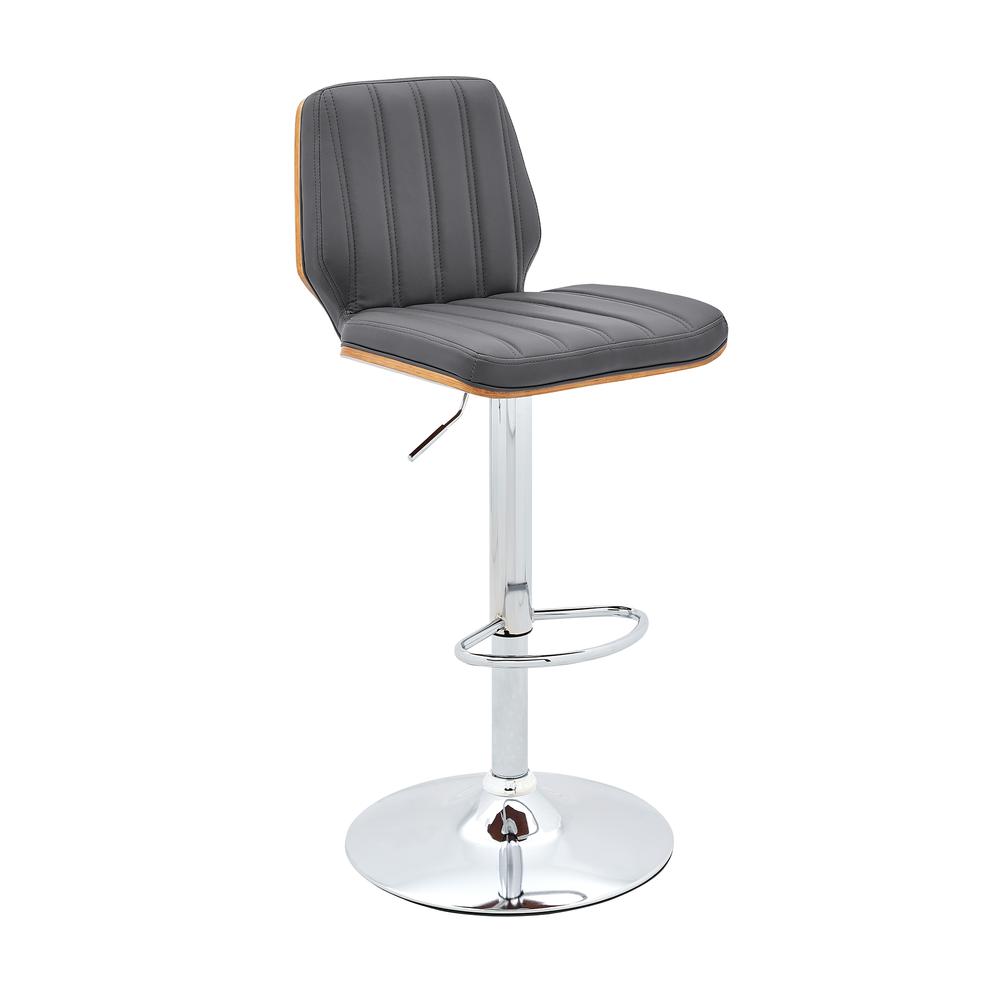 Sabine Adjustable Swivel Gray Faux Leather with Walnut Back and Chrome Bar Stool. Picture 1