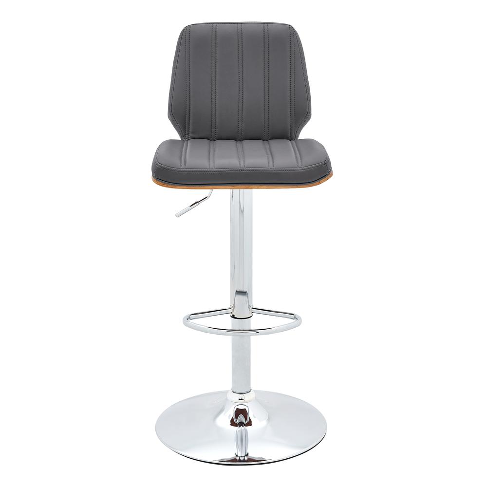 Sabine Adjustable Swivel Gray Faux Leather with Walnut Back and Chrome Bar Stool. Picture 2