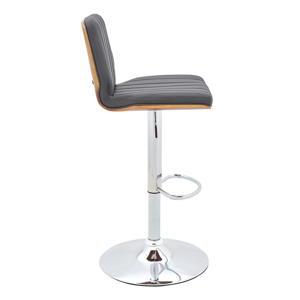 Sabine Adjustable Swivel Gray Faux Leather with Walnut Back and Chrome Bar Stool. Picture 3