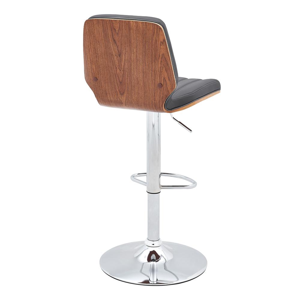 Sabine Adjustable Swivel Gray Faux Leather with Walnut Back and Chrome Bar Stool. Picture 4