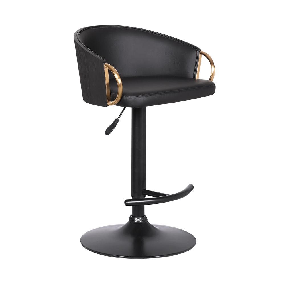 Solstice Adjustable Black Faux Leather Swivel Barrstool With Black Powder Coated Finish and Gold Accents. Picture 1