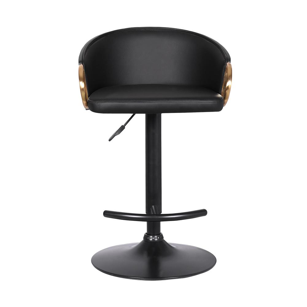 Solstice Adjustable Black Faux Leather Swivel Barrstool With Black Powder Coated Finish and Gold Accents. Picture 2