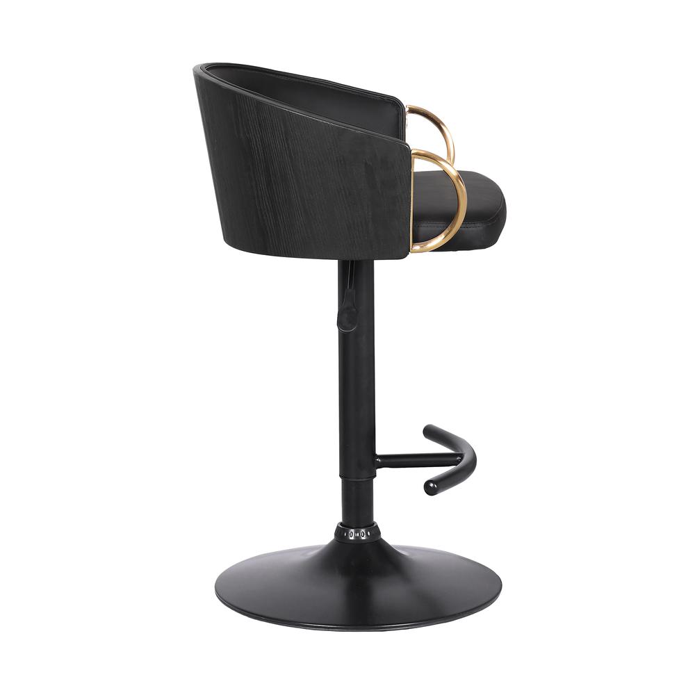 Solstice Adjustable Black Faux Leather Swivel Barrstool With Black Powder Coated Finish and Gold Accents. Picture 3