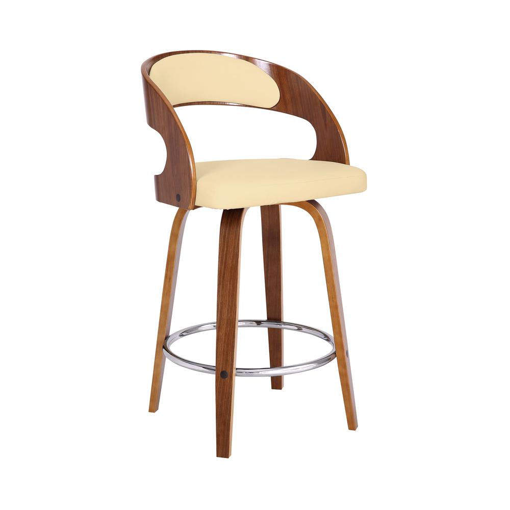 Shelly Contemporary 26" Counter Height Swivel Barstool in Walnut Wood Finish and Cream Faux Leather. Picture 1