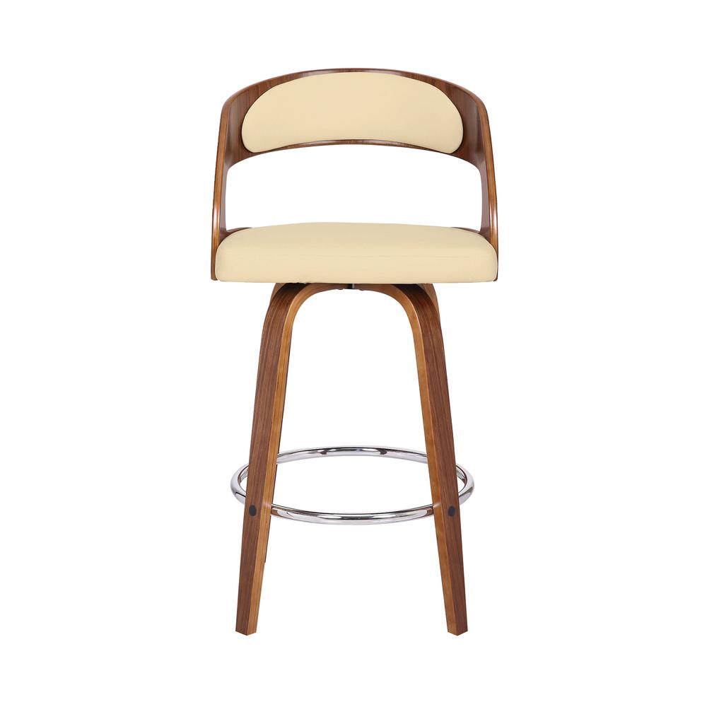Shelly Contemporary 26" Counter Height Swivel Barstool in Walnut Wood Finish and Cream Faux Leather. Picture 2