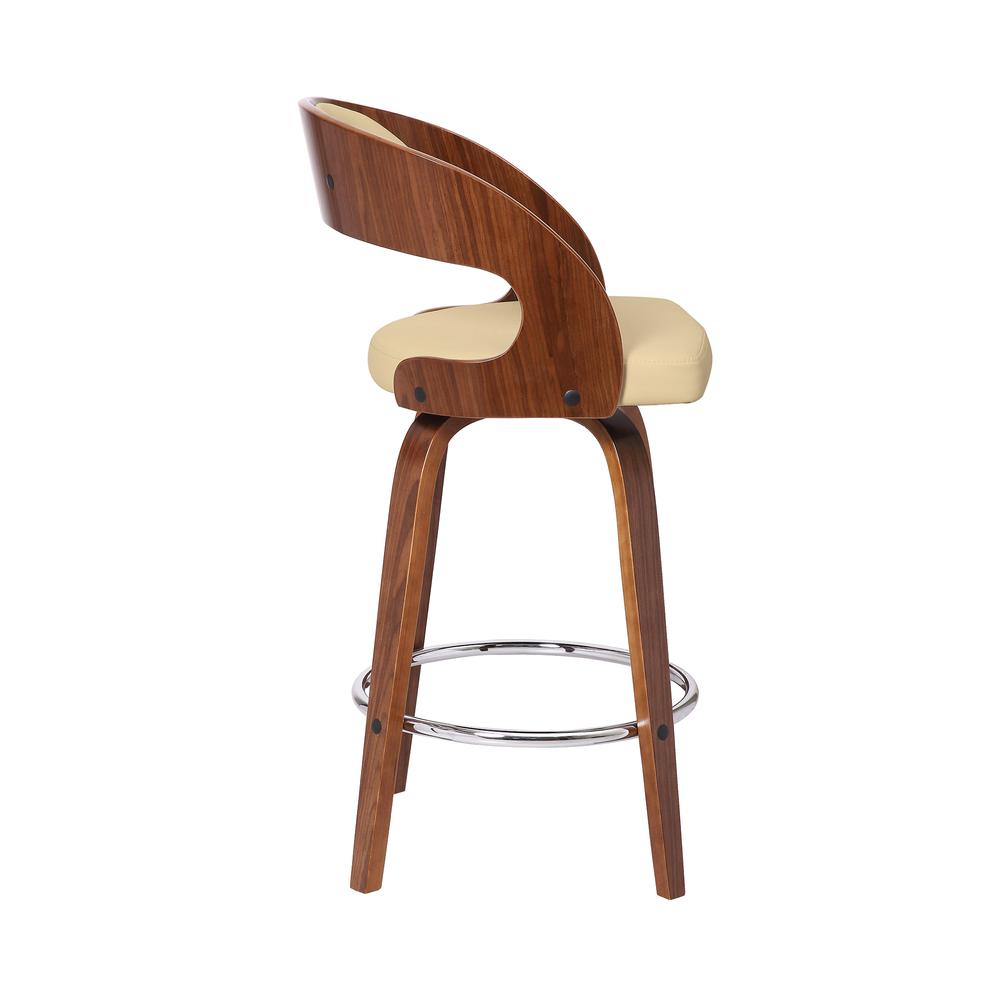 Shelly Contemporary 26" Counter Height Swivel Barstool in Walnut Wood Finish and Cream Faux Leather. Picture 3
