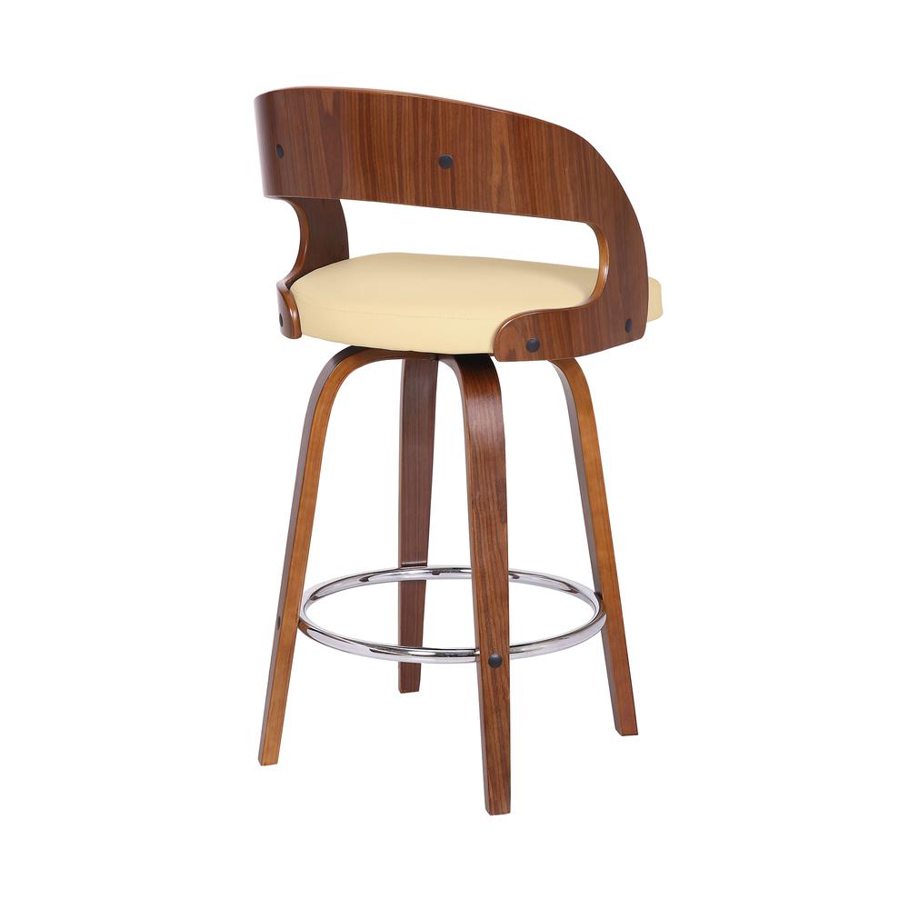 Shelly Contemporary 26" Counter Height Swivel Barstool in Walnut Wood Finish and Cream Faux Leather. Picture 4