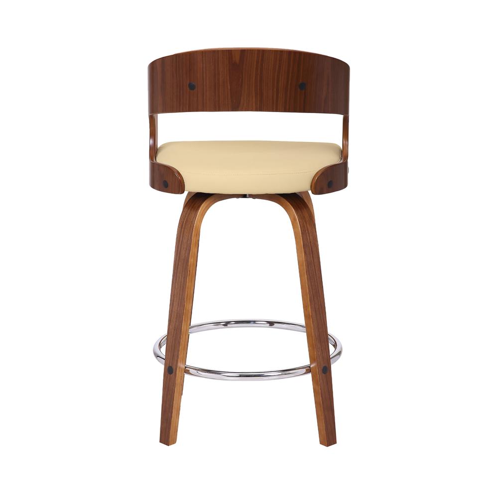 Shelly Contemporary 26" Counter Height Swivel Barstool in Walnut Wood Finish and Cream Faux Leather. Picture 5