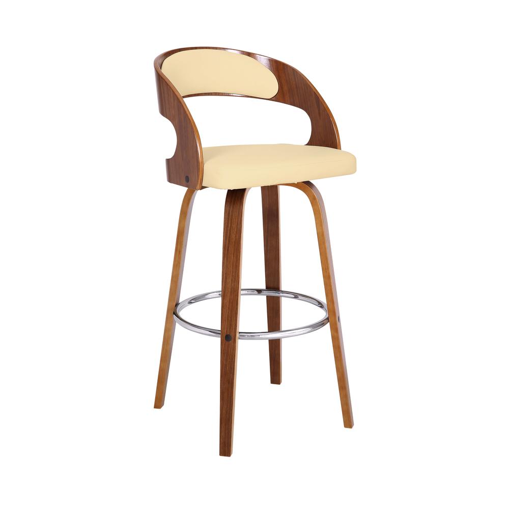 Contemporary 30" Bar Height Swivel Barstool in Walnut Wood Finish and Cream Faux Leather. Picture 1