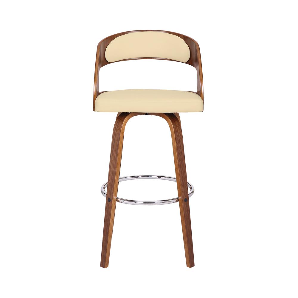 Contemporary 30" Bar Height Swivel Barstool in Walnut Wood Finish and Cream Faux Leather. Picture 2