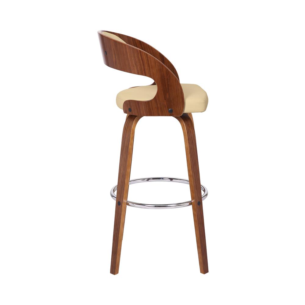 Contemporary 30" Bar Height Swivel Barstool in Walnut Wood Finish and Cream Faux Leather. Picture 3