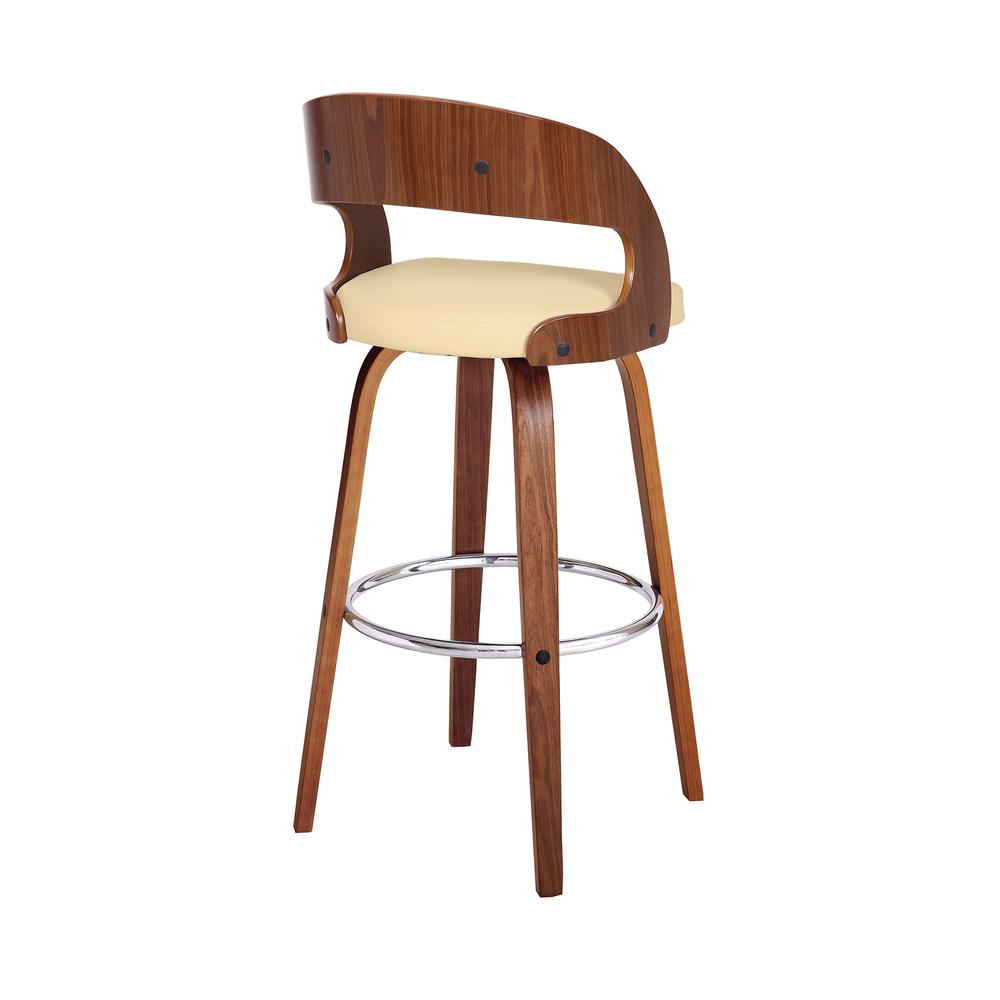 Shelly Contemporary 30" Bar Height Swivel Barstool in Walnut Wood Finish and Cream Faux Leather. Picture 4