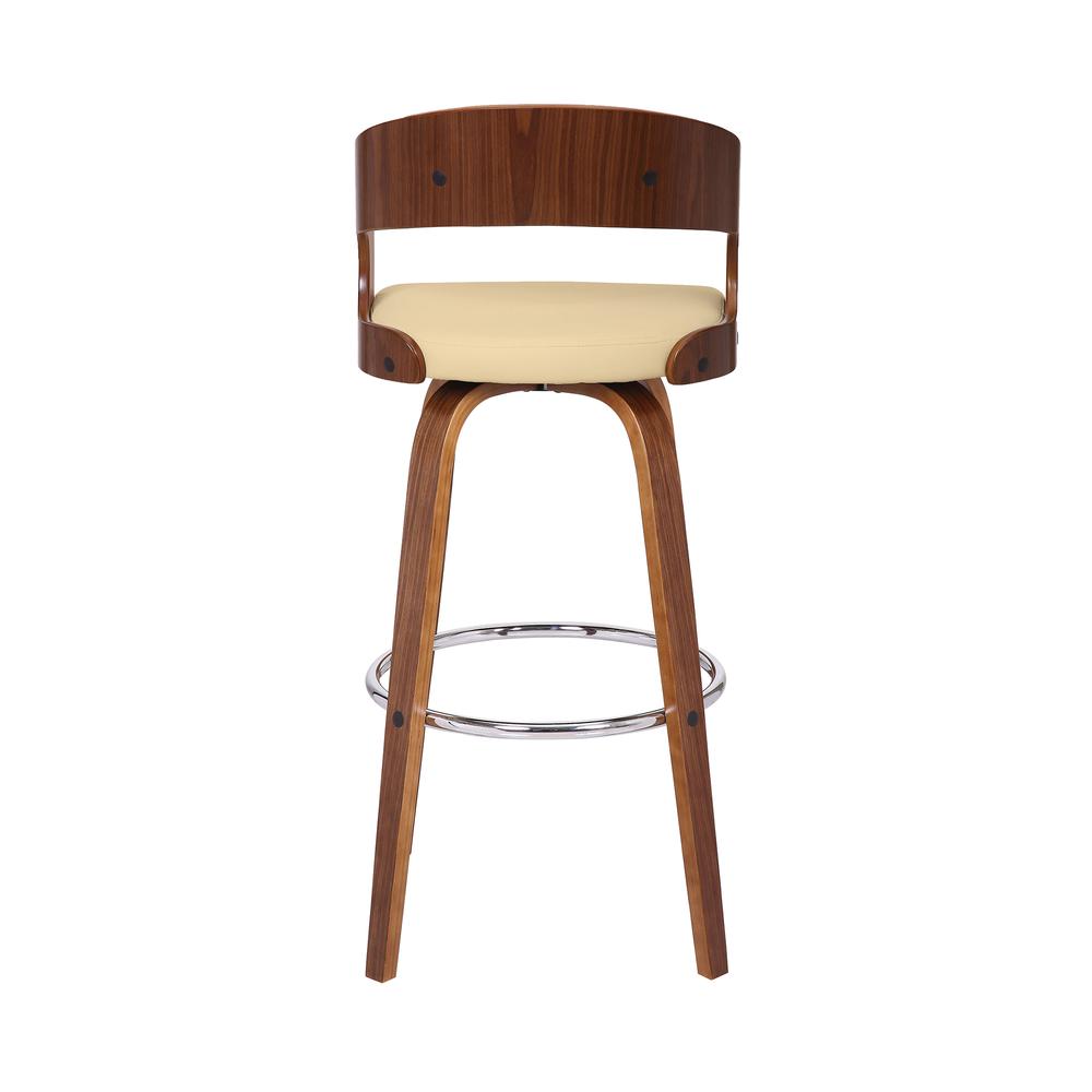 Contemporary 30" Bar Height Swivel Barstool in Walnut Wood Finish and Cream Faux Leather. Picture 5