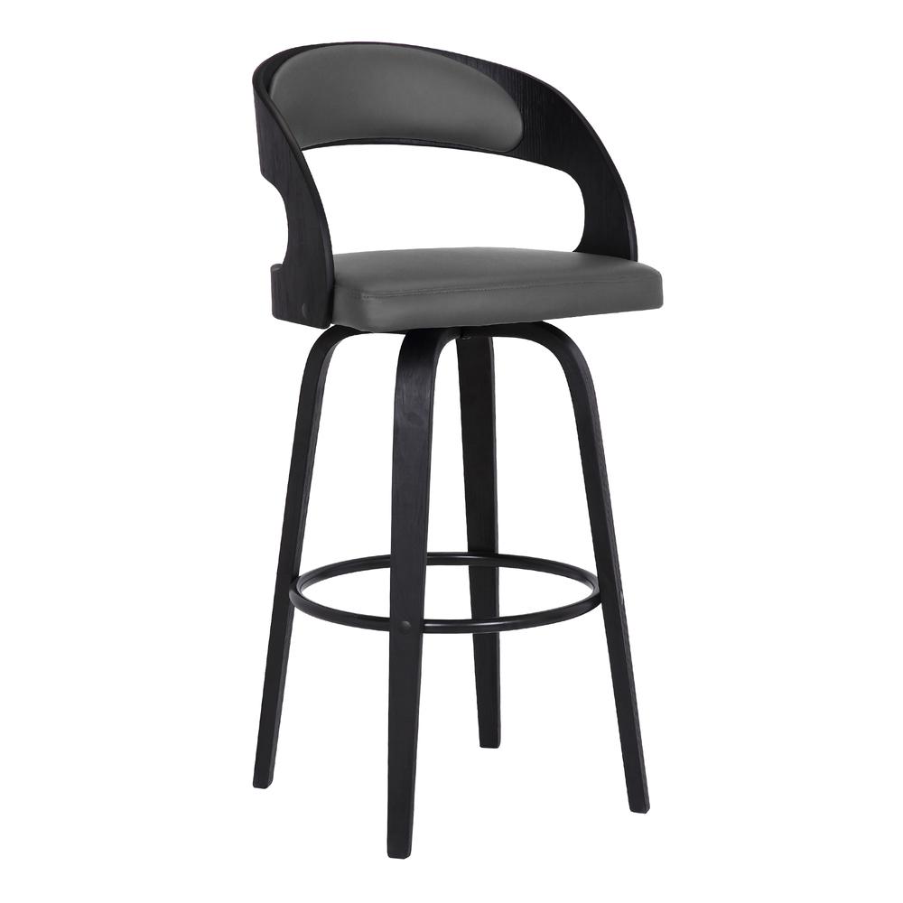 Contemporary 30" Bar Height Swivel Barstool in Black Brush Wood Finish and Grey Faux Leather. Picture 1