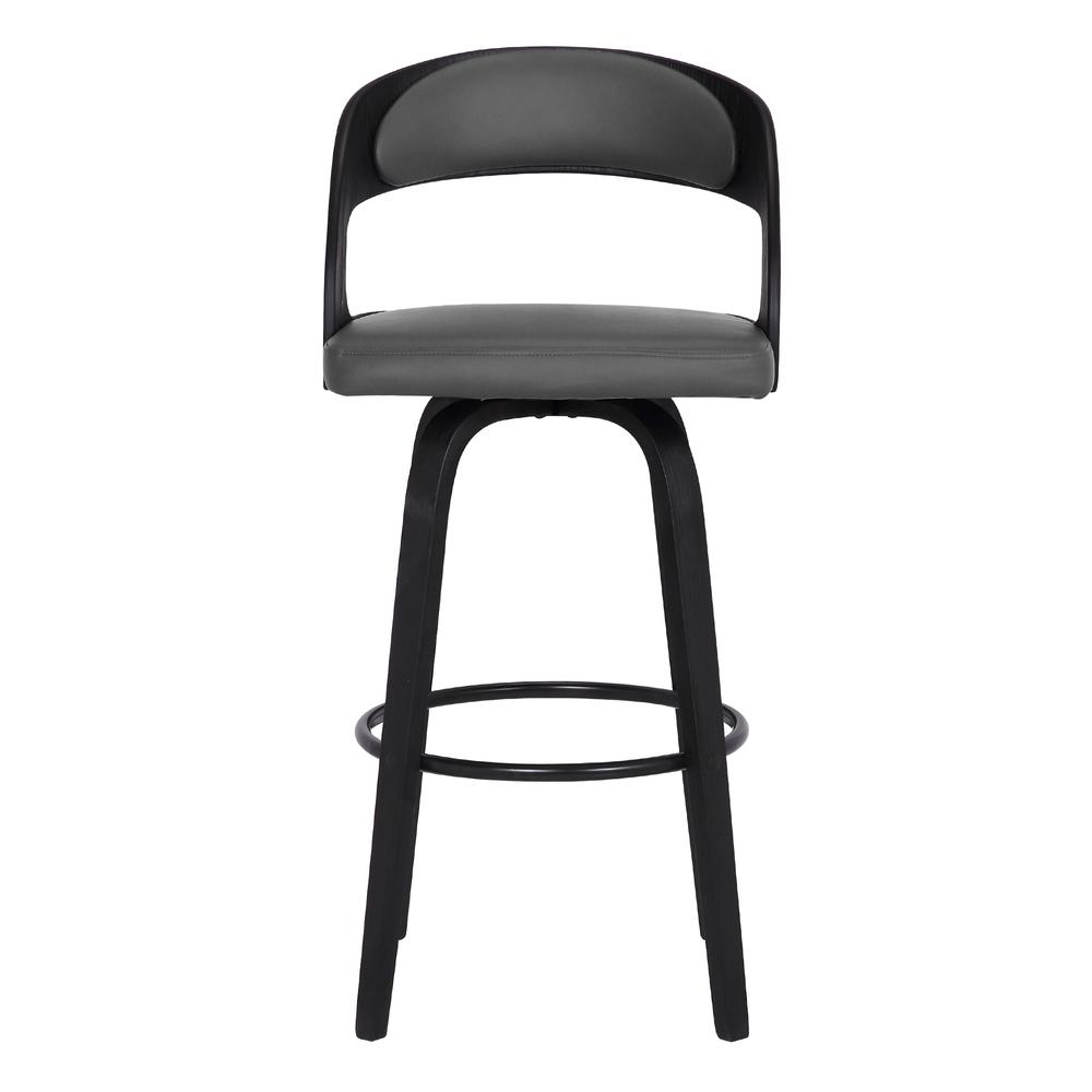 Contemporary 30" Bar Height Swivel Barstool in Black Brush Wood Finish and Grey Faux Leather. Picture 2