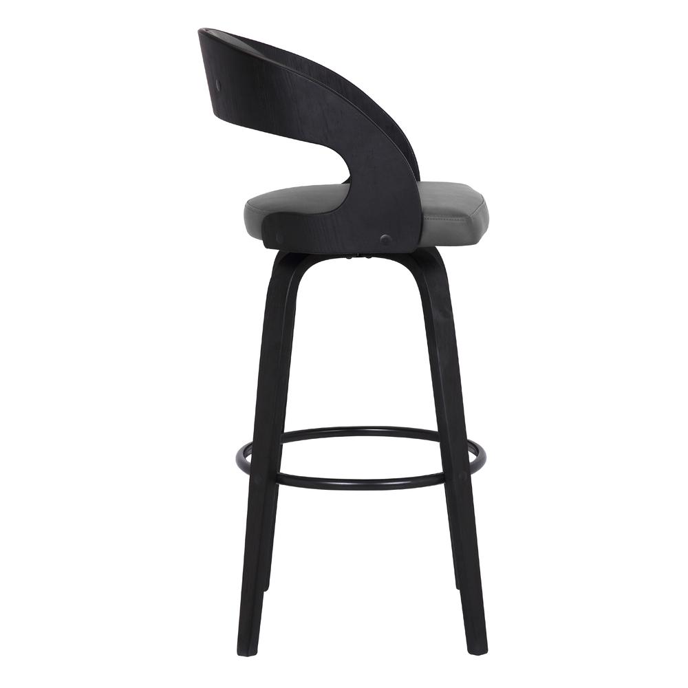 Contemporary 30" Bar Height Swivel Barstool in Black Brush Wood Finish and Grey Faux Leather. Picture 3