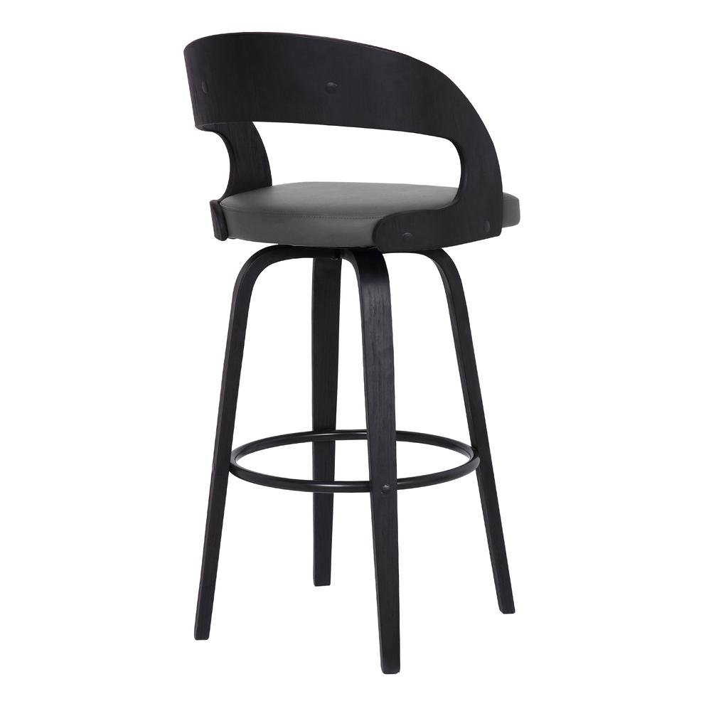 Contemporary 30" Bar Height Swivel Barstool in Black Brush Wood Finish and Grey Faux Leather. Picture 4