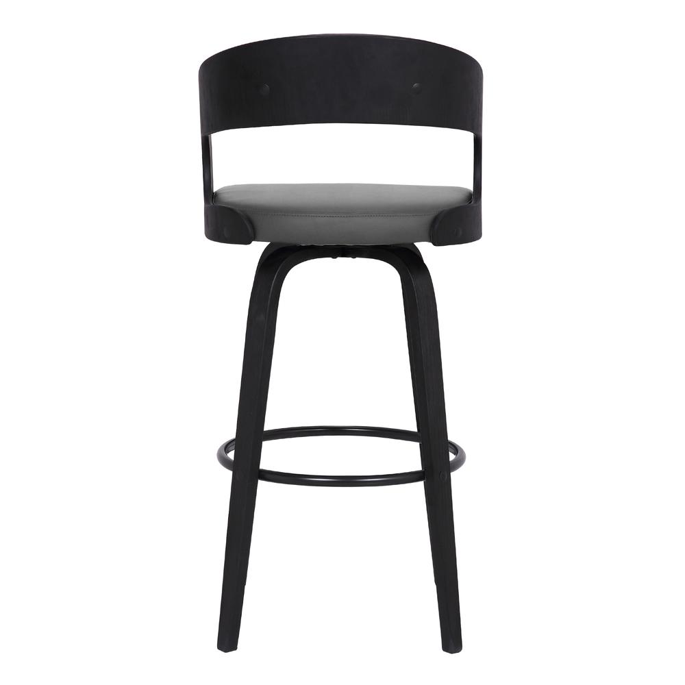 Contemporary 30" Bar Height Swivel Barstool in Black Brush Wood Finish and Grey Faux Leather. Picture 5