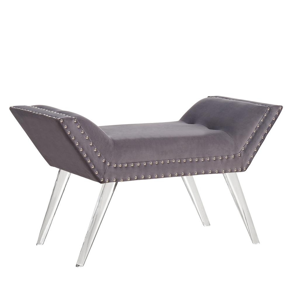 Armen Living Silas Ottoman Bench in Gray Tufted Velvet with Nailhead Trim and Acrylic Legs. Picture 1