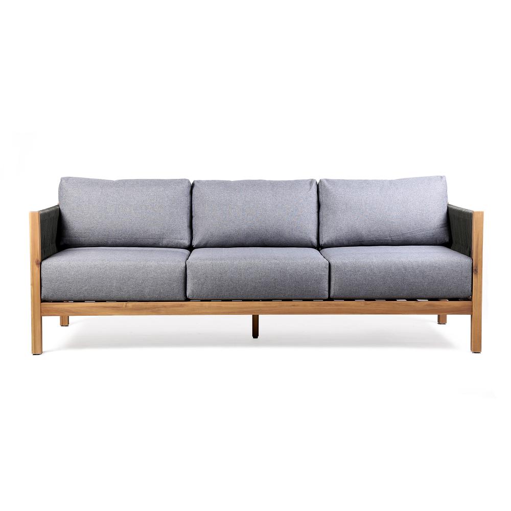 Sienna Outdoor Eucalyptus Sofa in Teak Finish with Grey Cushions. Picture 1