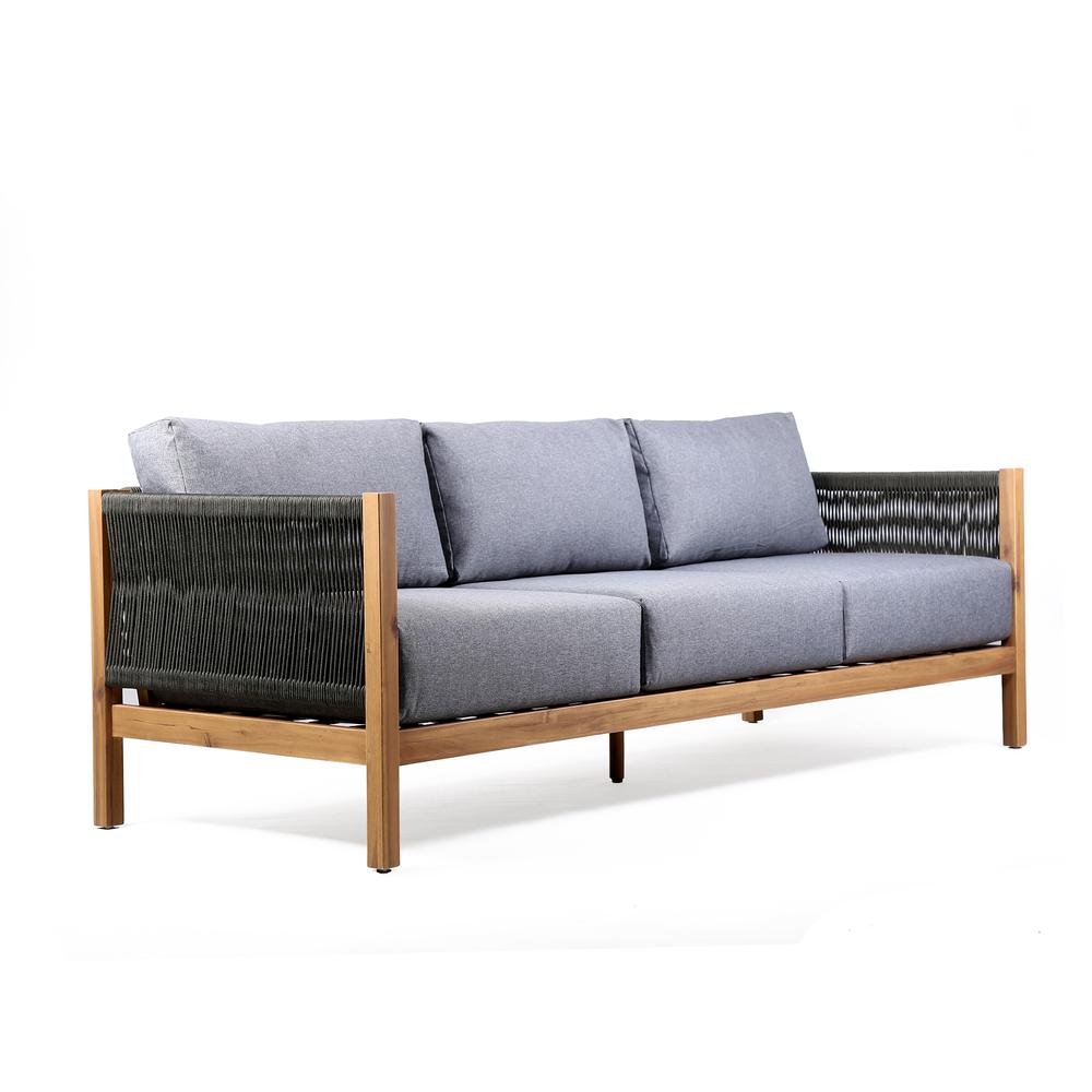 Sienna Outdoor Eucalyptus Sofa in Teak Finish with Grey Cushions. Picture 2