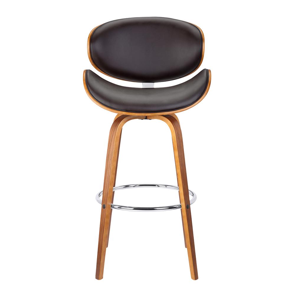 Armen Living Solvang 26" Mid-Century Swivel Counter Height Barstool in Brown Faux Leather with Walnut Wood. Picture 2