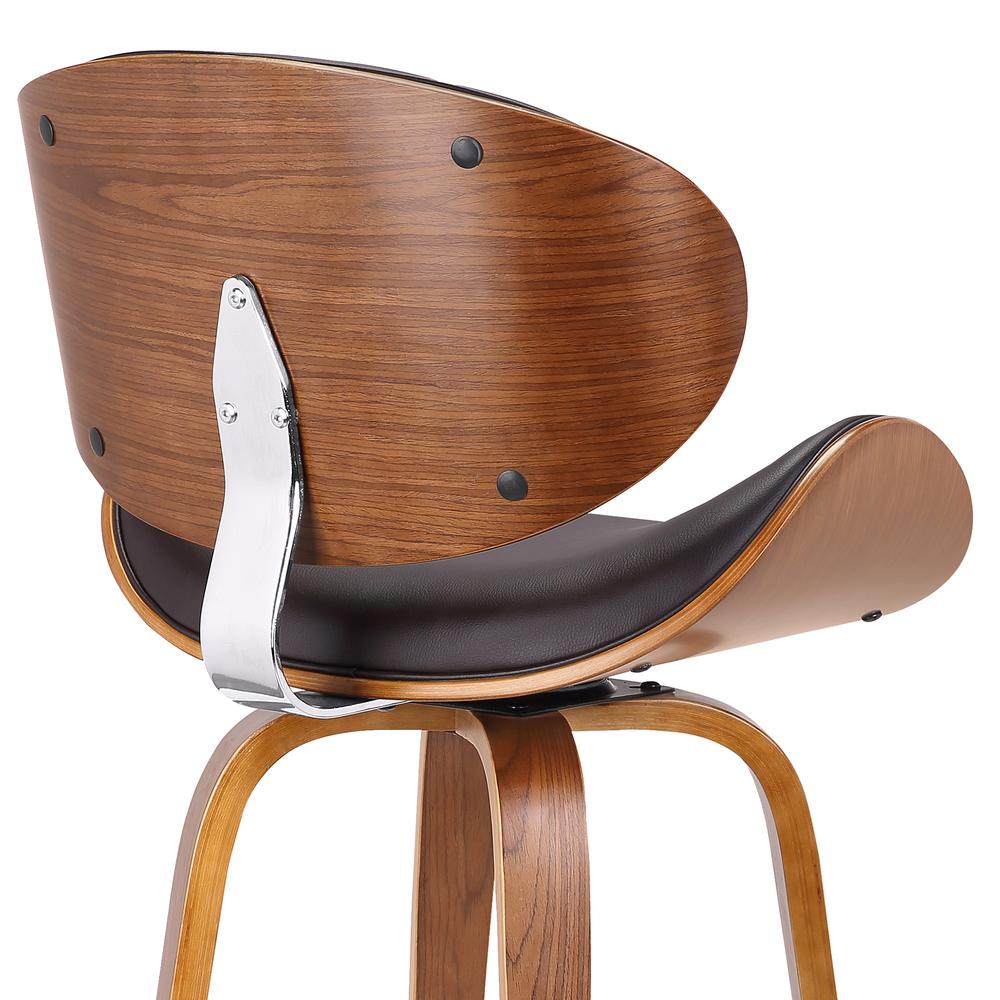 Armen Living Solvang 26" Mid-Century Swivel Counter Height Barstool in Brown Faux Leather with Walnut Wood. Picture 5