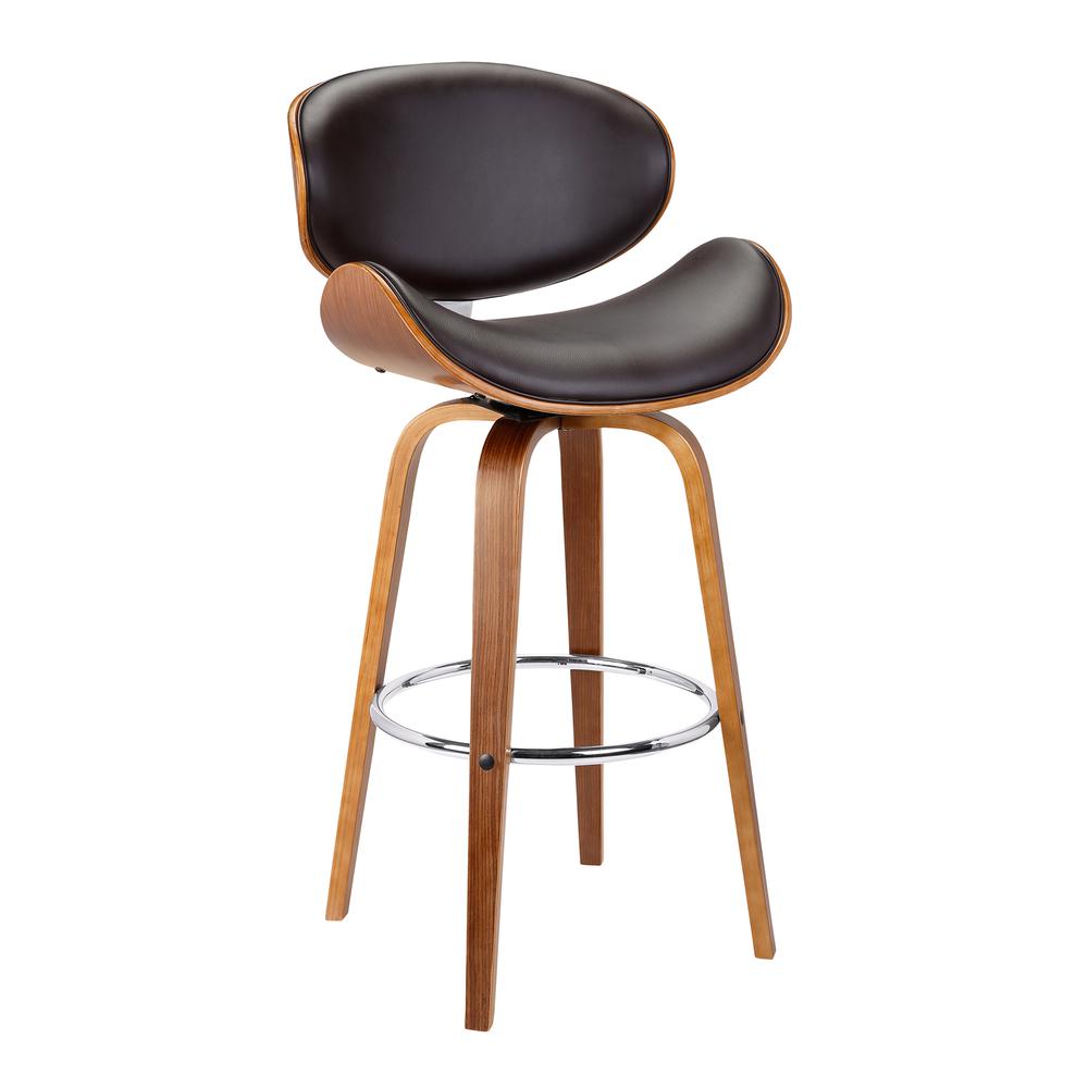 Armen Living Solvang 30" Mid-Century Swivel Bar Height Barstool in Brown Faux Leather with Walnut Wood. The main picture.