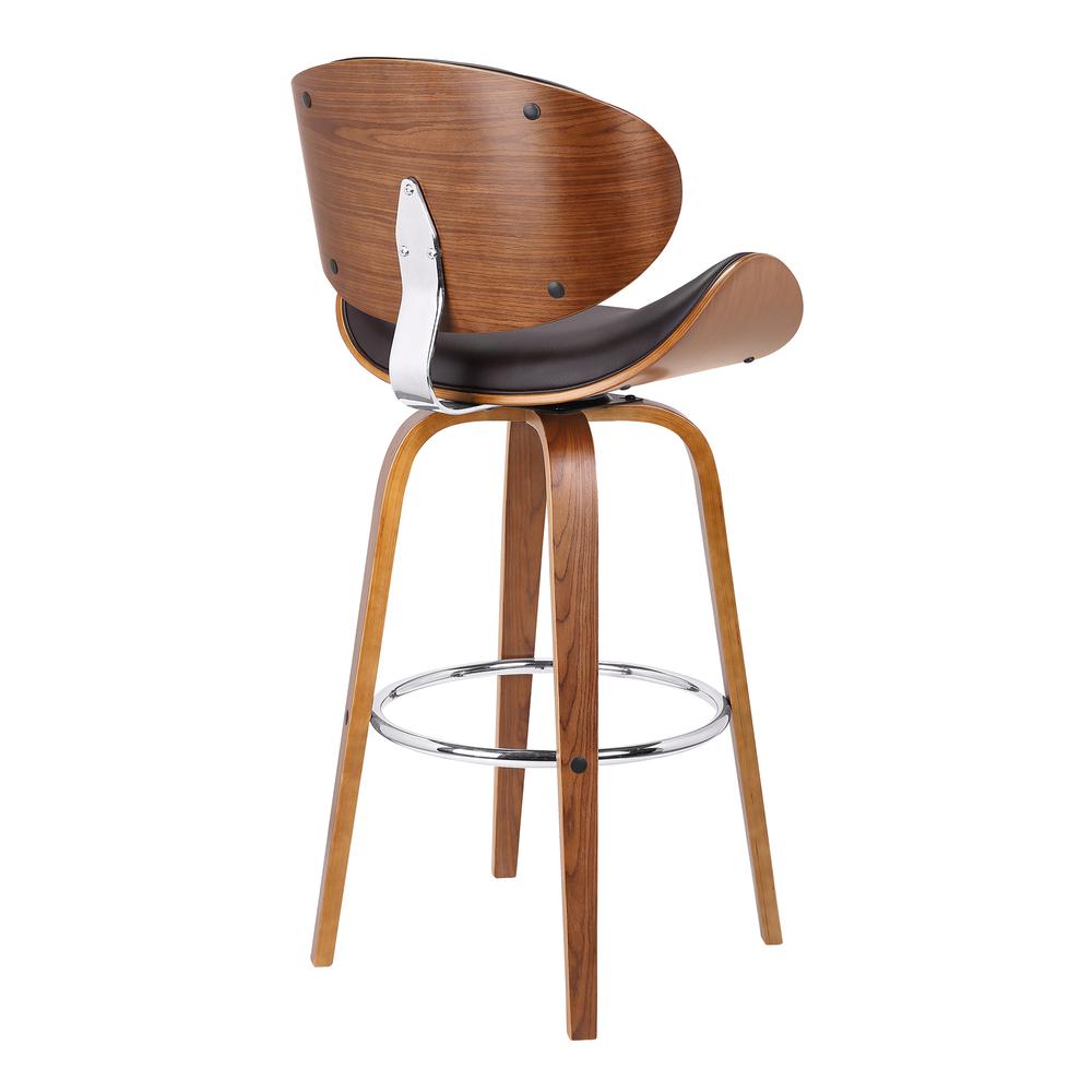 Armen Living Solvang 30" Mid-Century Swivel Bar Height Barstool in Brown Faux Leather with Walnut Wood. Picture 3