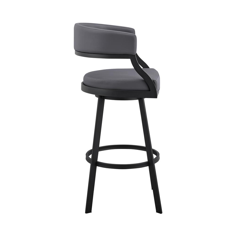 Saturn 26" Counter Height Swivel Grey Faux Leather and Black Metal Bar Stool. Picture 3