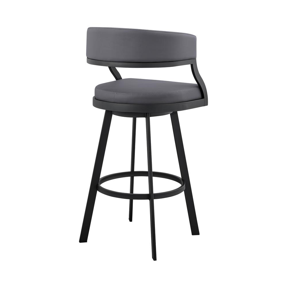 Saturn 26" Counter Height Swivel Grey Faux Leather and Black Metal Bar Stool. Picture 4