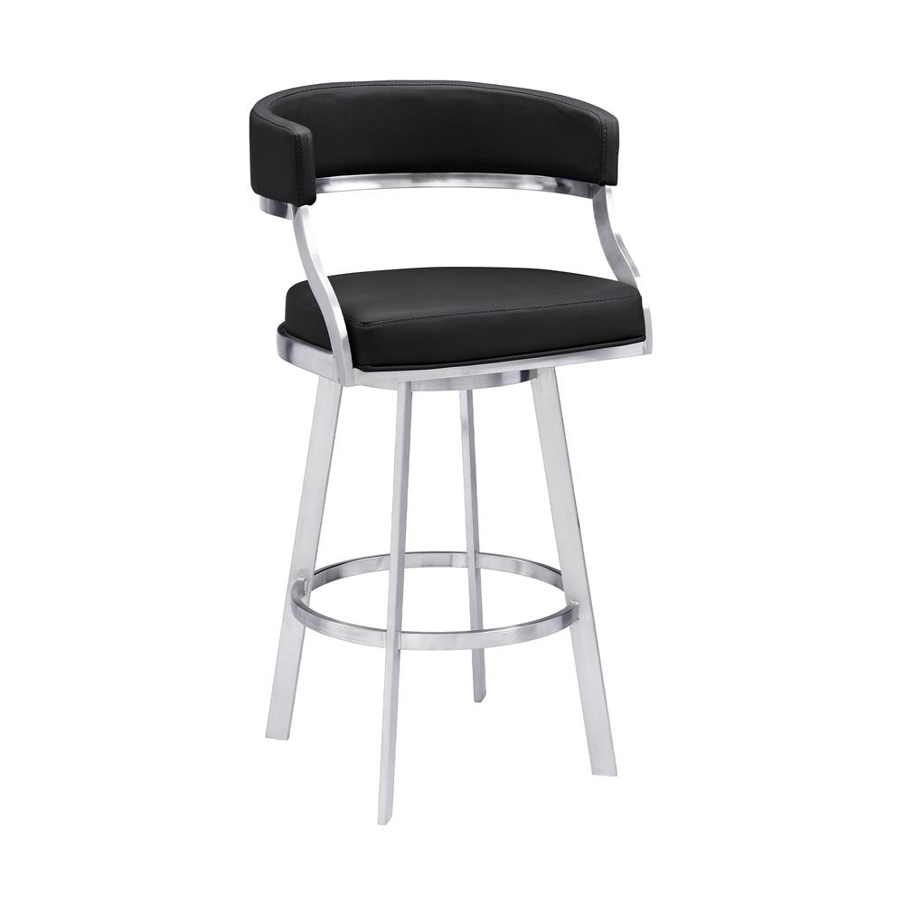 Contemporary 26" Counter Height Barstool in Brushed Stainless Steel Finish and Black Faux Leather. Picture 1