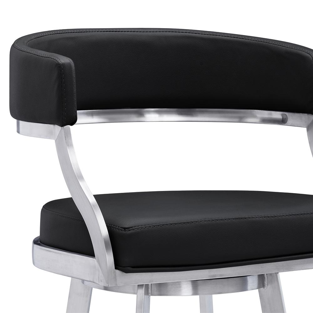 Contemporary 26" Counter Height Barstool in Brushed Stainless Steel Finish and Black Faux Leather. Picture 4