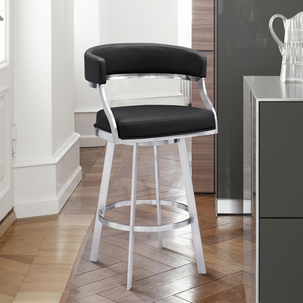 Contemporary 26" Counter Height Barstool in Brushed Stainless Steel Finish and Black Faux Leather. Picture 8