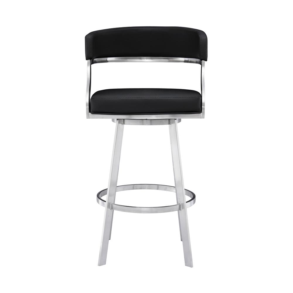 Contemporary 30" Bar Height Barstool Brushed Stainless Steel Finish - Black Faux Leather. Picture 2